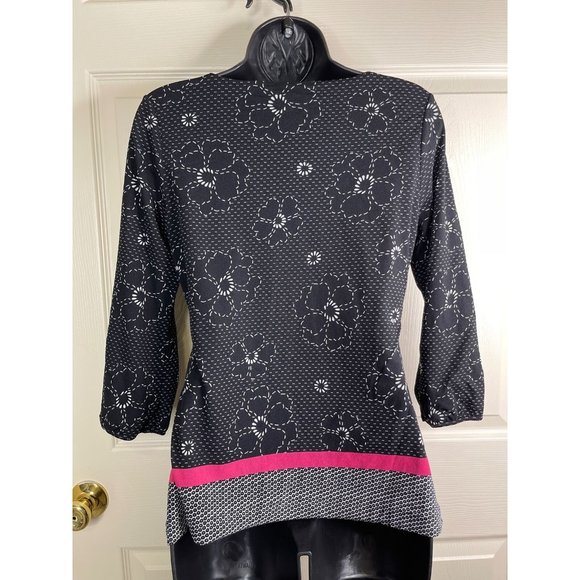 Ann Taylor Top Women Size S 3/4 Sleeve Black White Pink Floral Sheer Lined - Picture 7 of 8